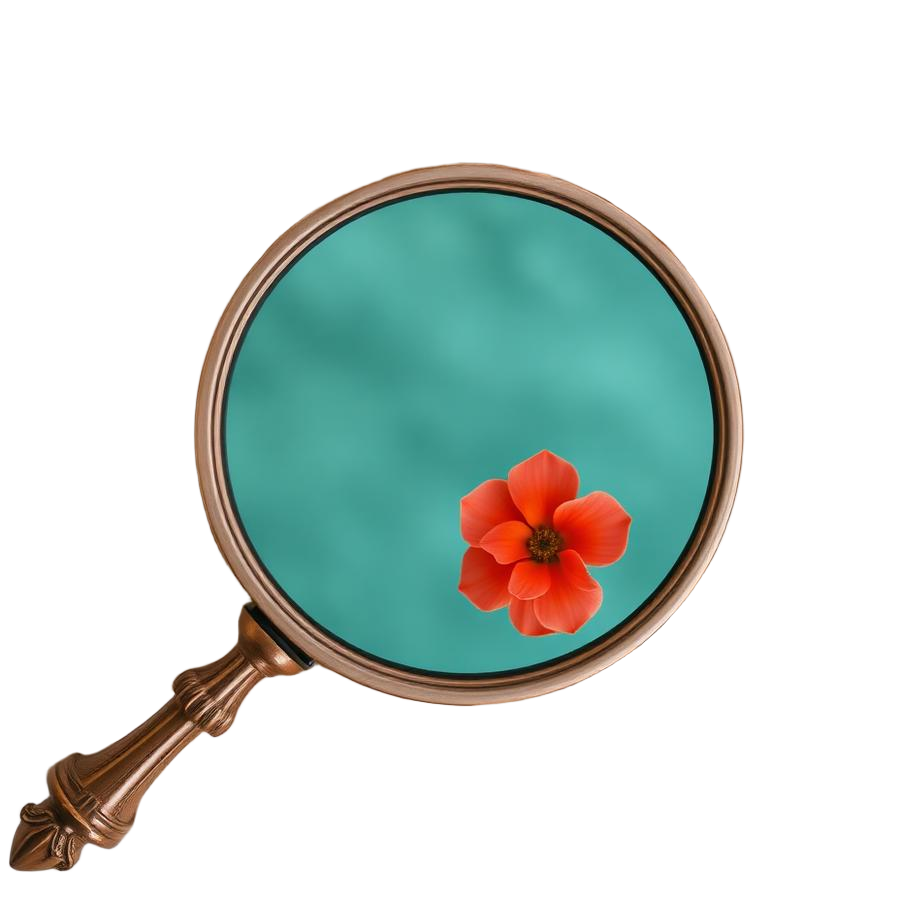 Lupa vintage focando em uma flor laranja