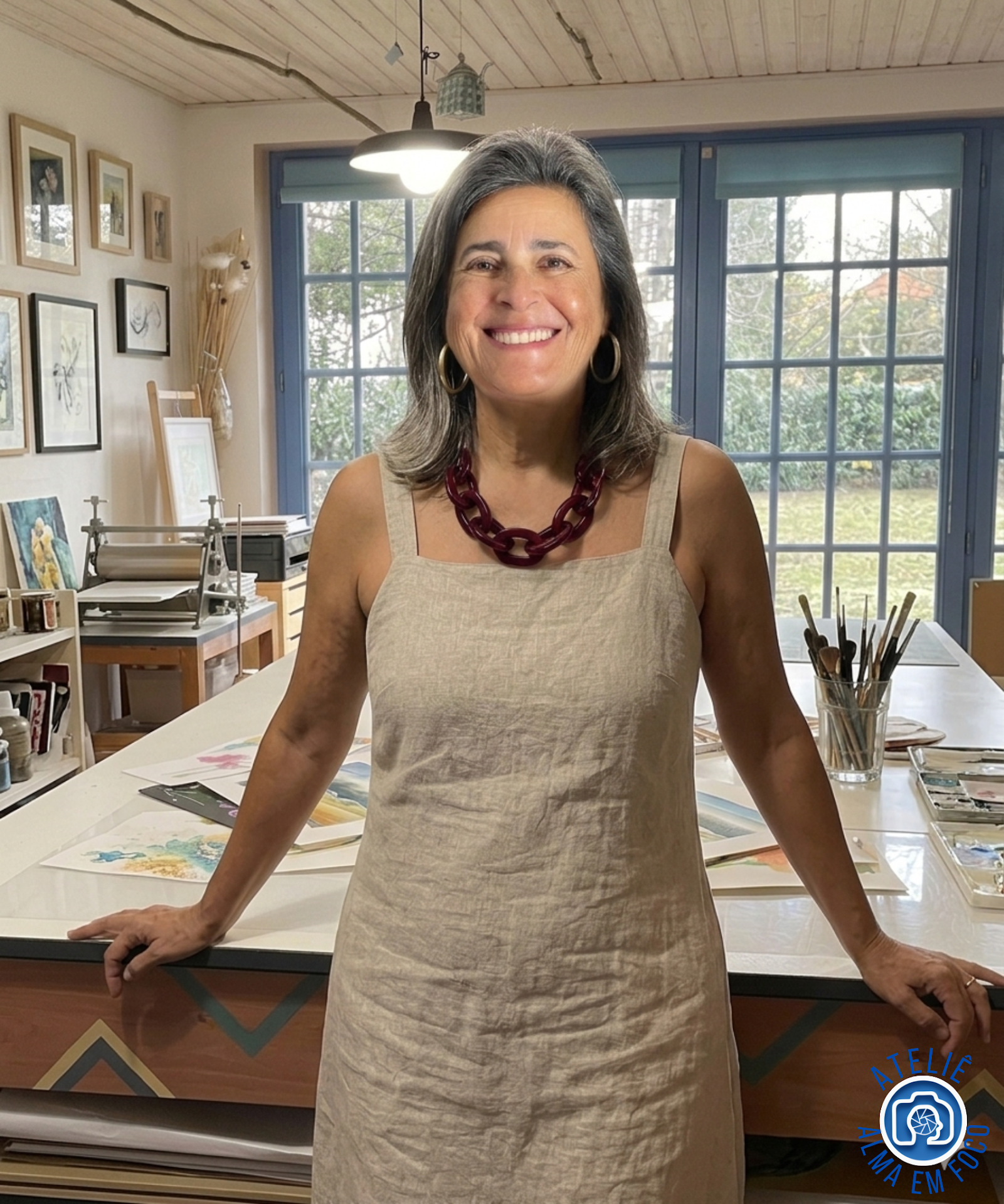 Mulher sorridente em estúdio de arte com materiais de pintura